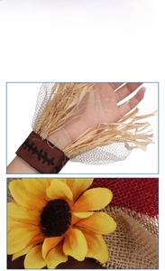 Detailed view of scarecrow costume accessories with sunflower and raffia wristbands