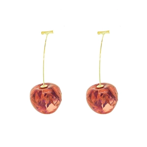 Elegant cherry fruit earrings with red flower petals in resin and gold stems