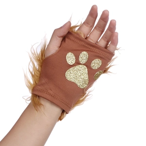 Brown plush lion paw cosplay gloves with gold glitter print for Halloween costumes