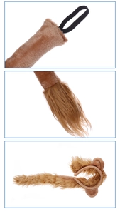 Detail of plush lion costume set showing elastic loop and faux fur texture on brown tail
