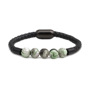 Men's 10mm marble bead bracelet with black braided leather and magnetic steel clasp