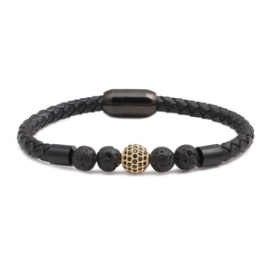 Braided leather bracelet with lava stones, pave zircon beads and magnetic metal clasp