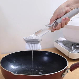 Dish Scrubbing Brush With Soap Dispenser Handheld Kitchen Cleaning Tool Long Handle Replaceable Sponge Bristle Heads