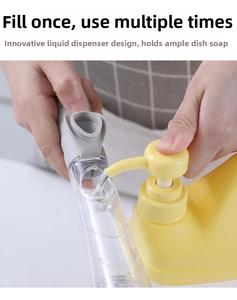 Detail of soap dispenser handle with wide opening for easy liquid refill and clear body