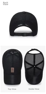Detail view of the breathable mesh structure and adjustable strap on the black sun hat