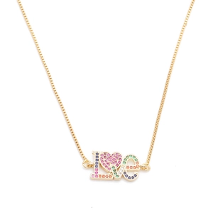 Golden micro-pave rainbow zircon MOM LOVE heart pendant necklace on white background
