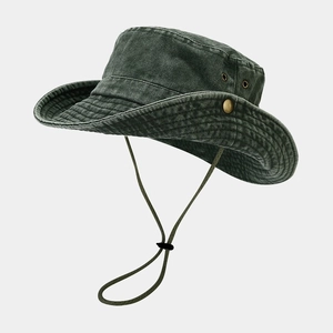Outdoor wide brim sun hat in vintage dark green with adjustable chin strap and side snaps