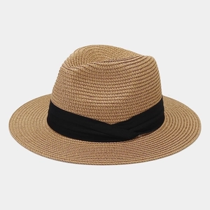 Close-up of khaki straw fedora featuring a wide black ribbon with cross-fold detail