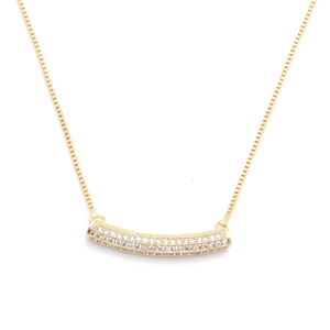 Detailed view of golden copper necklace with micro-pave zircon curved tube pendant