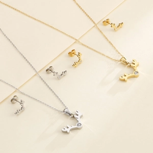 Antler Pendant Necklace And Stud Earrings Stainless Steel Zirconia Elegant Minimalist Clavicle Chain Jewelry For Women