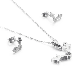 Minimalist silver elk antler jewelry set with necklace and stud earrings on white background