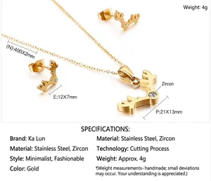 Detailed view of gold elk antler jewelry set with necklace and stud earrings with zircons