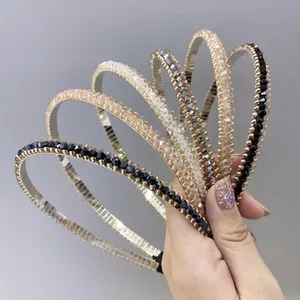 Detailed shot of multi-color crystal beaded double-row headbands with slim metal frames