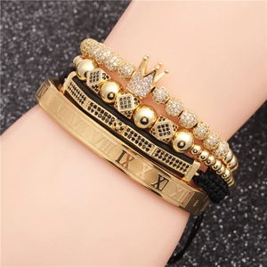 Set gioielli uomo 4 pezzi oro con perline corona zirconi e bracciale romano