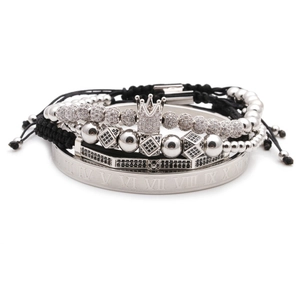 Set di bracciali da uomo in argento con corona in zirconi e polsino con numeri romani