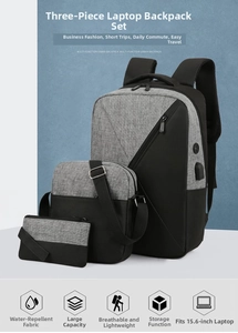 Three-piece grey and black oxford fabric laptop backpack set with USB charging port