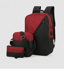 Three-piece red and black business backpack set with USB charging port and oxford fabric