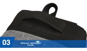 Detail of the widened padded carry handle on a durable oxford laptop backpack