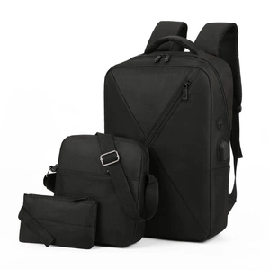 Black 3-piece business backpack set with Oxford fabric and external USB charging port