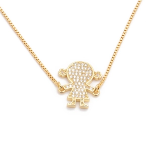 Golden necklace with cubic zirconia paved girl pendant on a sleek box chain design