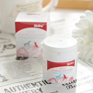 Bioline 14g Pets Styptic Powder for dogs and cats with white floral and vintage paper background