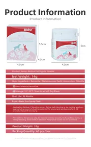 Detailed sizing and specifications chart for 14g Bioline pet styptic powder for cats and dogs