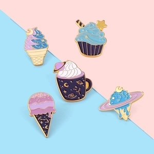 5pcs cartoon space dessert enamel pins set with stars and galaxies on colorful background