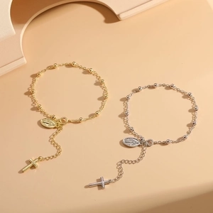 Religious 14K gold and silver rosary bead bracelets with Miraculous Medal and cross charms