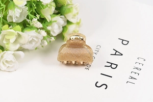 Detail shot of a small champagne gold glitter claw clip on a minimalist Parisian background