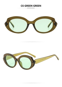 Front and 45-degree angle view of vintage oval sunglasses in olive green frames