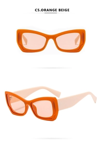 Detail der zweifarbigen Cat-Eye-Sonnenbrille in Orange und Beige mit PC-Rahmen