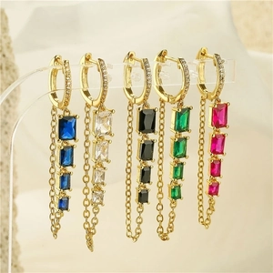 Elegant Copper Zirconia Tassel Hoop Earrings Luxury Long Chain Geometric Earrings For Women Fashion Jewelry Accessory
