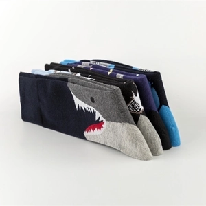 Shark pattern colorful crew socks made of cotton blend in black blue and grey