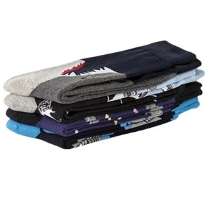 Colorful shark pattern mid-calf cotton socks in navy, grey, black, and blue colors