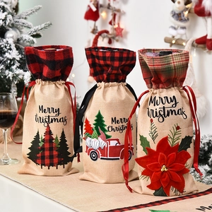 Set of 3 Christmas plaid wine bottle covers with tree and truck patterns for holiday decor