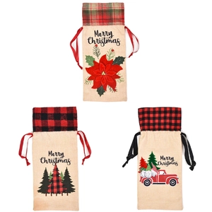 Three-piece Christmas wine bottle covers with rustic burlap texture and holiday patterns
