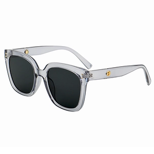 Chic transparent grey sunglasses with black lenses and gold circular metal accents