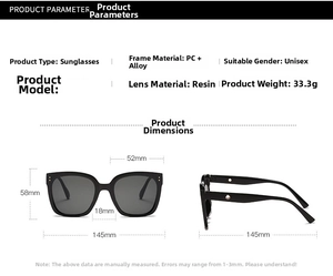 Detailed size specifications for Jennie style KUKU sunglasses with lens and frame dimensions