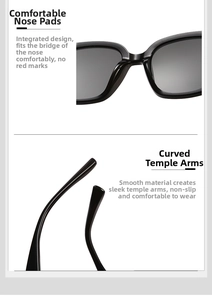 Detail of integrated nose pads and curved temples on black acetate sunglasses frame