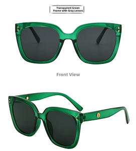 Detail view of transparent green square sunglasses with grey lenses and gold metal accents
