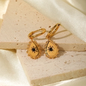 Vintage Water Drop Hoop Earrings For Women 18K Gold Plated Stainless Steel Black Rhinestone Sunburst Pattern INS Style