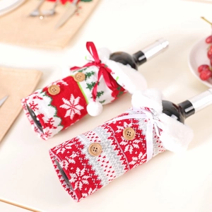 Nordic knitted Christmas wine bottle covers with reindeer snowflakes and fur collars