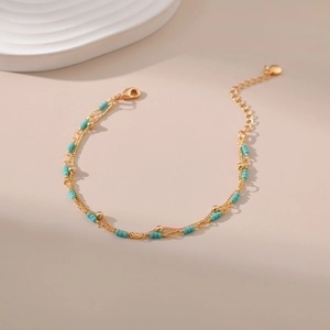 Handmade 18K gold-plated double-layer beaded chain bracelet with turquoise stone accents