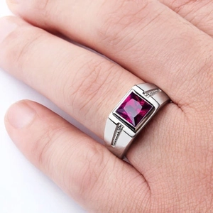 Mens silver ring with square ruby centerpiece and side pave zircon accents