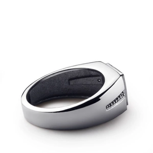 Men's wide silver metal ring with multi-color zircon inlays on a clean white background