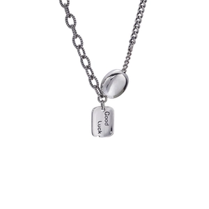 Vintage silver-plated square tag necklace with Good Luck engraving and layered chain links