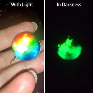 Luminous galaxy glass pendant showing glowing nebula effect in light and dark conditions