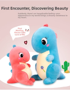 Detail of plush dinosaur toys with cute rainbow lollipop embroidery and soft fabric
