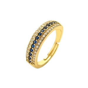 Three-row pavé open ring with blue and white crystals in a gold-plated finish