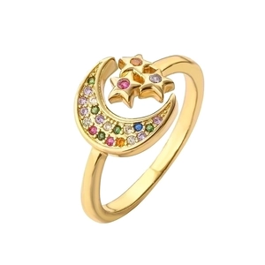 Adjustable gold star and moon open ring with sparkling multicolor zircon stones